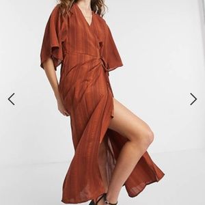 Rust kimono sleeve wrap midi dress i